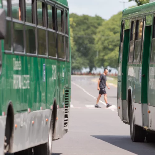 Dois ônibus verdes – que atendem a zona leste de Porto Alegre – são vistos em rua. Ao fundo, um pedestre passa em uma faixa de segurança