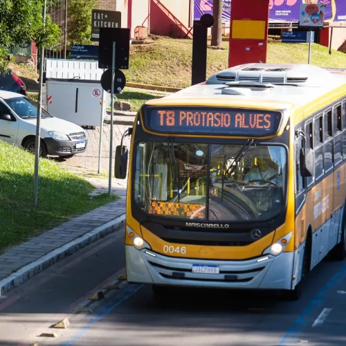 Ônibus amarelo ocre, da Carris, passa pela avenida Goethe, em Porto Alegre. O letreiro aponta a linha T8 - Protásio Alves.