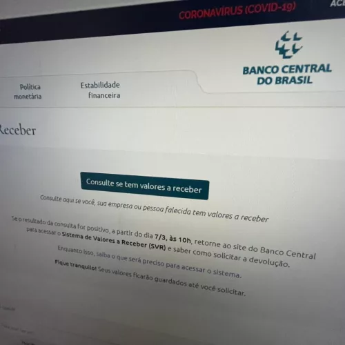 Tela do site Valores a Receber do Banco Central do Brasil.