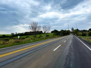 Imagem da RSC-153 mostra pista asfaltada, com árvores nas laterais.